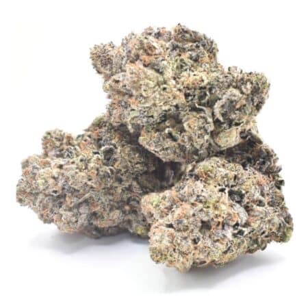 Super Pink Kush cannabis strain with dense, frosty buds and a sweet diesel aroma.