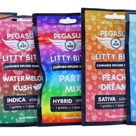 Pegasus420 Litty Bites Gummies with 500mg THC, featuring consistent flavor, Delta-9 distillate, and stress-relief benefits.