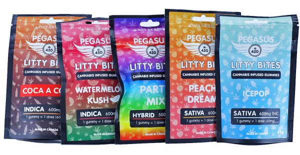 Pegasus420 Litty Bites Gummies with 500mg THC, featuring consistent flavor, Delta-9 distillate, and stress-relief benefits.