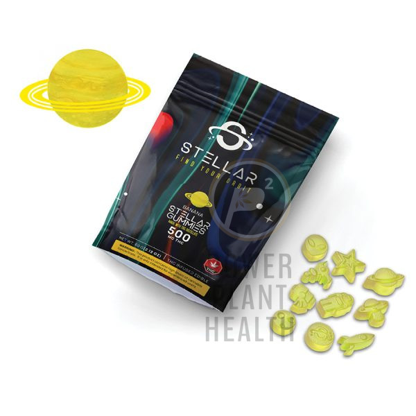 Stellar 500mg Gummy with fruity flavor, pure THC distillate, and balanced effects for relaxation and therapeutic relief.