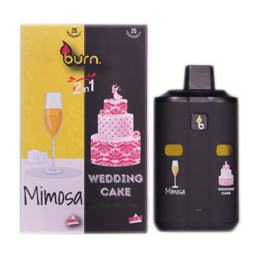 Buying Cannabis Vapes Online: Burn 2-in-1 Dual Chamber Vape featuring Mimosa (Hybrid) and Wedding Cake (Indica) strains, with 2g capacity per chamber and sleek black design.