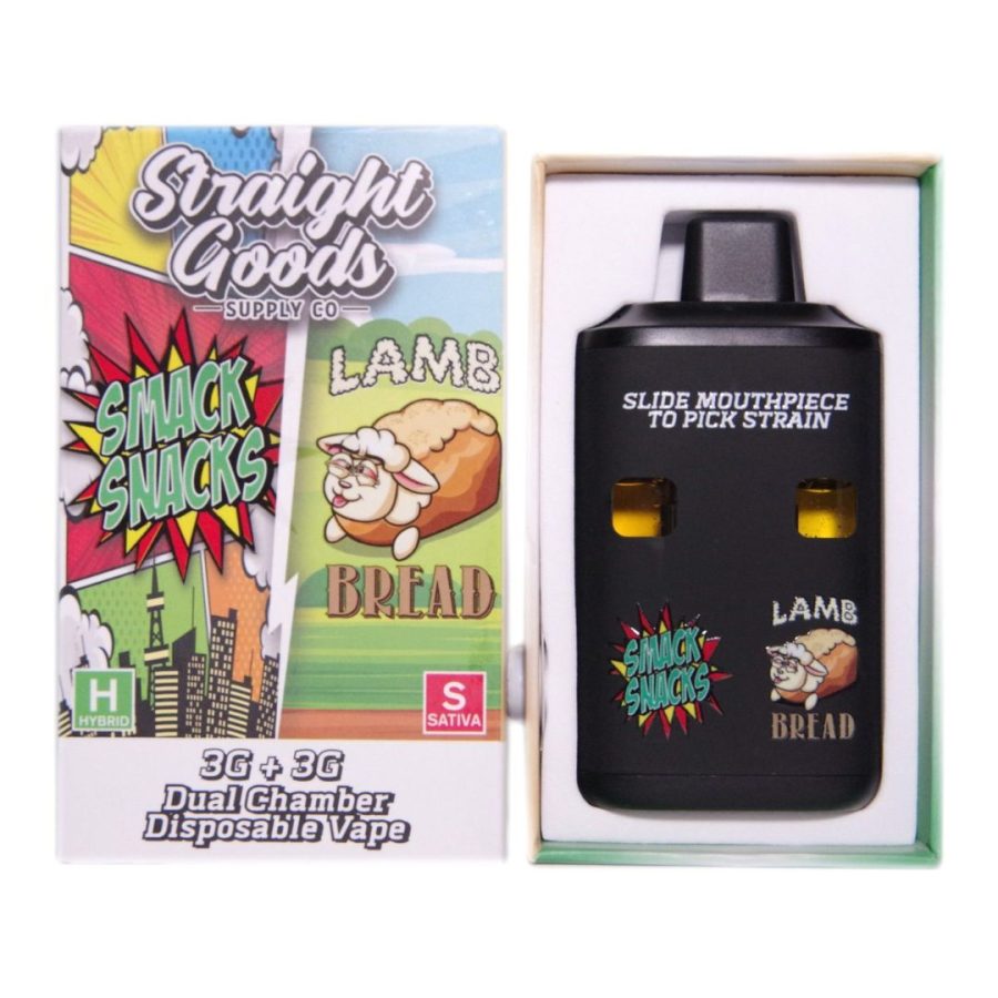 Straight Goods Supply Co. Dual Chamber Disposable Vape featuring Smack Snacks (Hybrid) and Lamb Bread (Sativa) strains, 3g + 3g capacity, with sliding mouthpiece for strain selection.