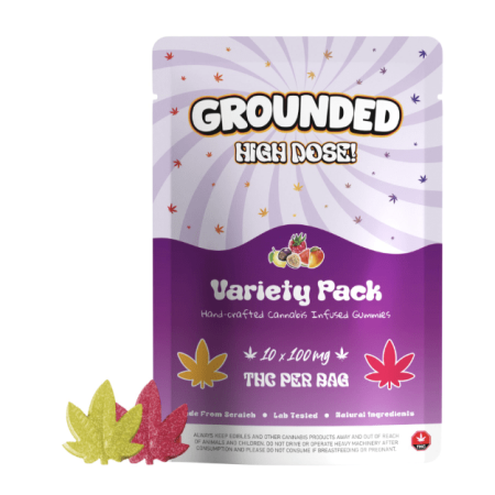 Grounded High Dose Variety Pack featuring cannabis-infused gummies in leaf shapes with vibrant colors and 1000mg THC per bag.