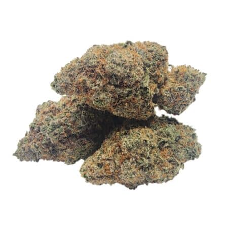 Grape Ape buds with deep purple hues, green leaves, and frosty trichomes