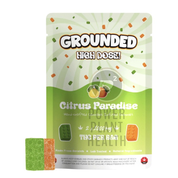 Grounded High Dose Gummy with bold fruity flavors and resealable travel-friendly packaging