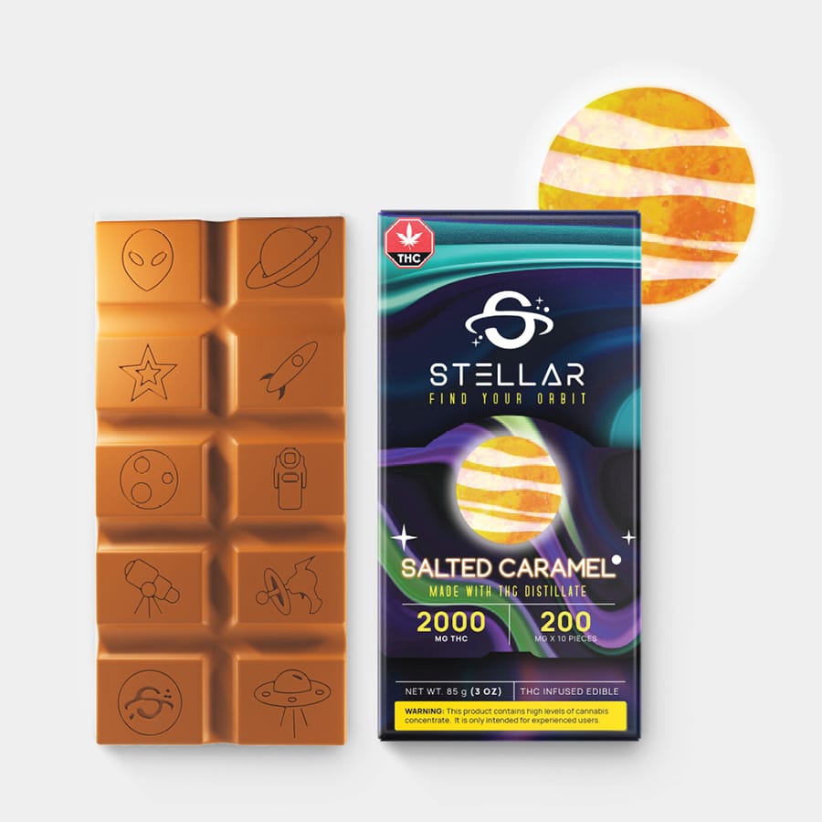 Stellar Salted Caramel THC Chocolate Bar featuring 2000mg THC, infused with THC distillate, with space-themed designs on each chocolate piece.