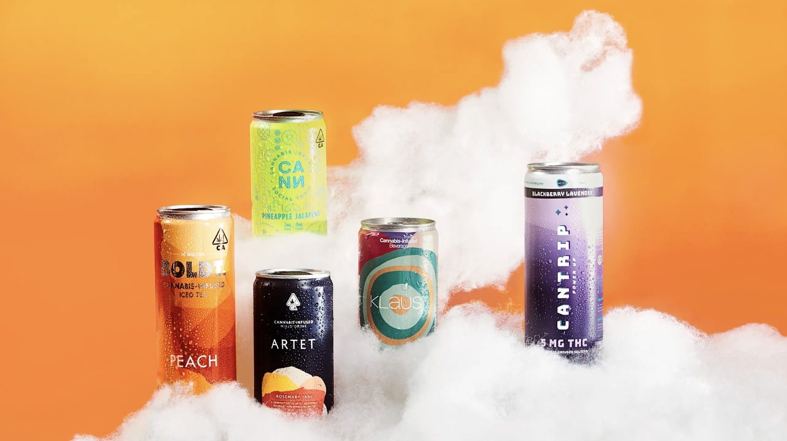 Assorted cannabis beverages, including THC and CBD-infused drinks, displayed with vibrant packaging against an orange background.