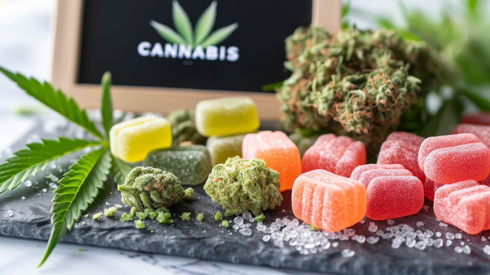 Assorted cannabis edibles, including gummies and flower buds, displayed with a cannabis leaf, showcasing variety for this cannabis edibles guide.