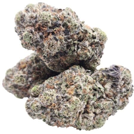 Pink Truffle cannabis buds with emerald green nugs, pink undertones, and frosty trichomes, delivering sweet flavor and balanced effects.