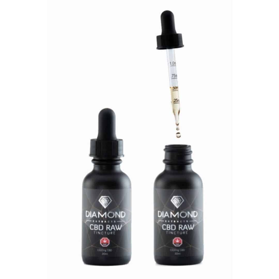 Diamond CBD Raw Tincture bottles with a dropper, showcasing high-quality full-spectrum CBD products for wellness and relaxation.