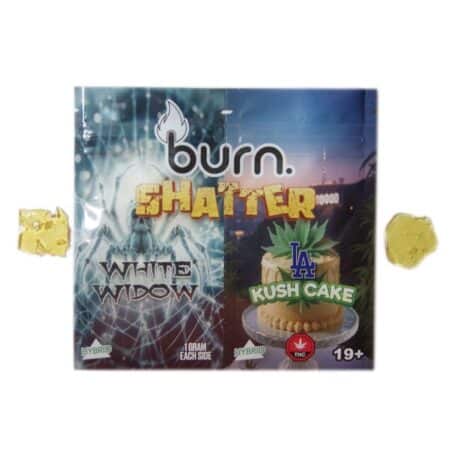 Burn Shatter cannabis concentrate with a glassy, golden texture and high potency