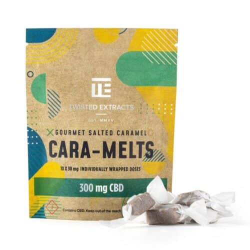 Twisted Extracts CBD Cara-Melts in a creamy salted caramel flavor, individually wrapped for easy dosing