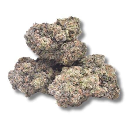 Death Bubba buds with dark green hues, purple undertones, and frosty white trichomes